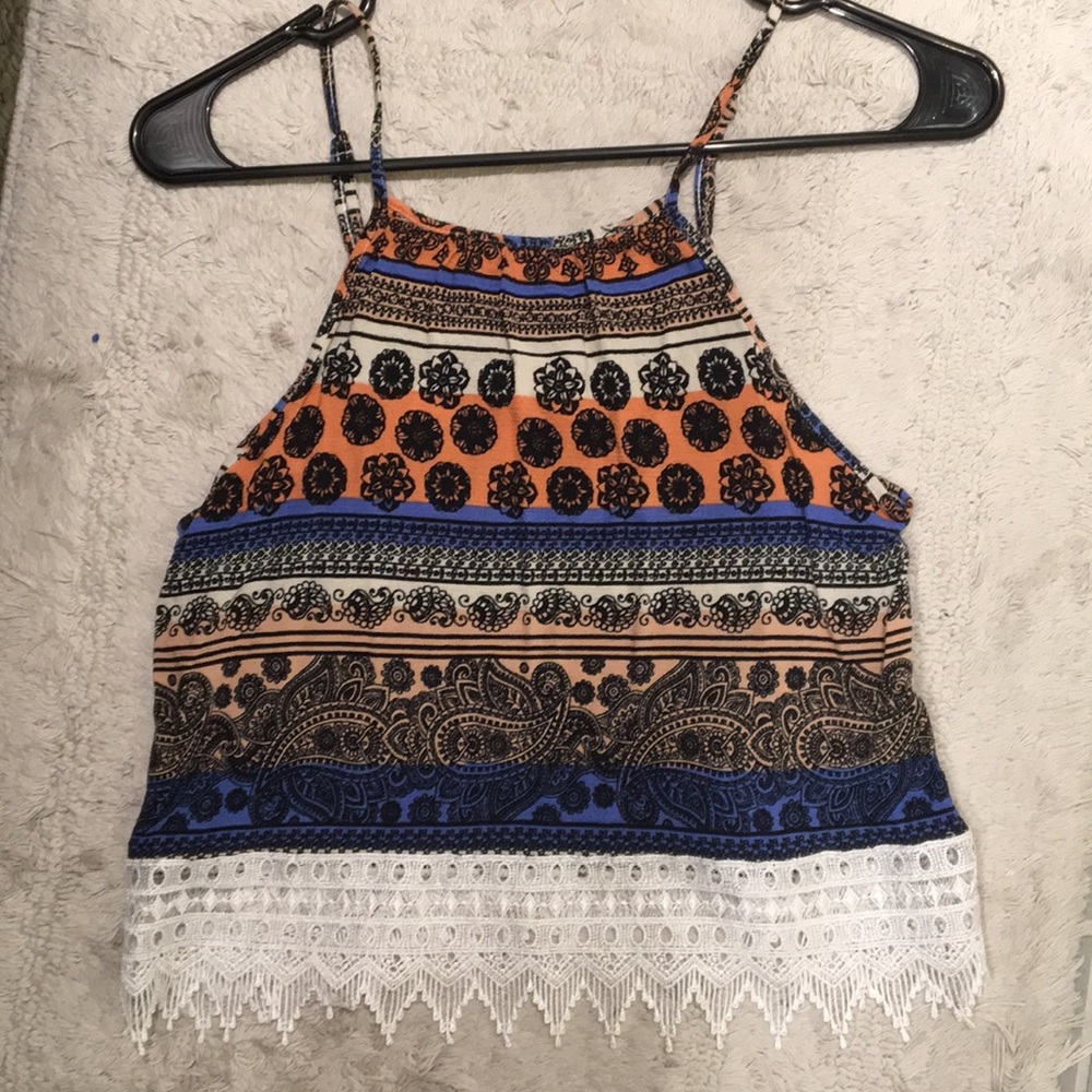 Multicolored top with white lace bottom